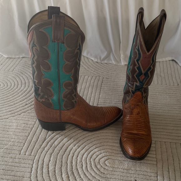 Tony Lama Brown and Teal Heeled Boots - Picture 4 of 6